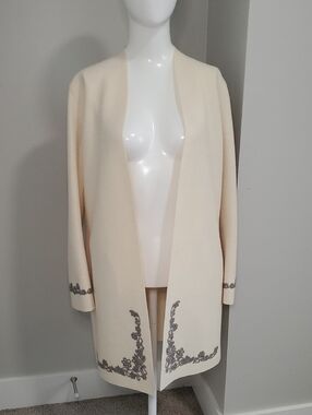 Cream Open-Front Embroidered Long Coat by